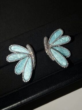 Aqua Crystal Fan Drop Earrings - Elegant Women Jewelry